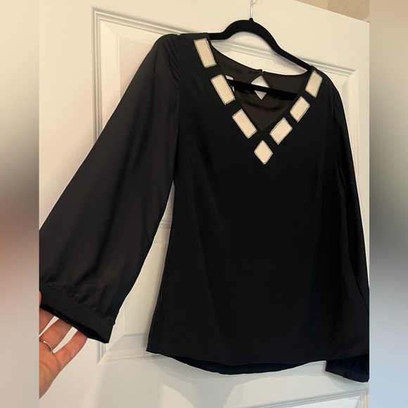 SMITH Black Elegant Long Sleeve Blouse Top With White Geometric Appliqué Size S - Picture 6 of 8
